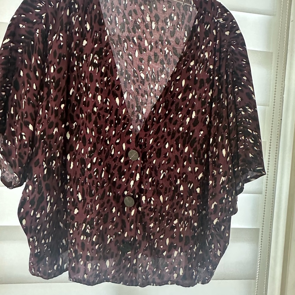 Burgundy, Black, and White Leopard Print Button-Up Top